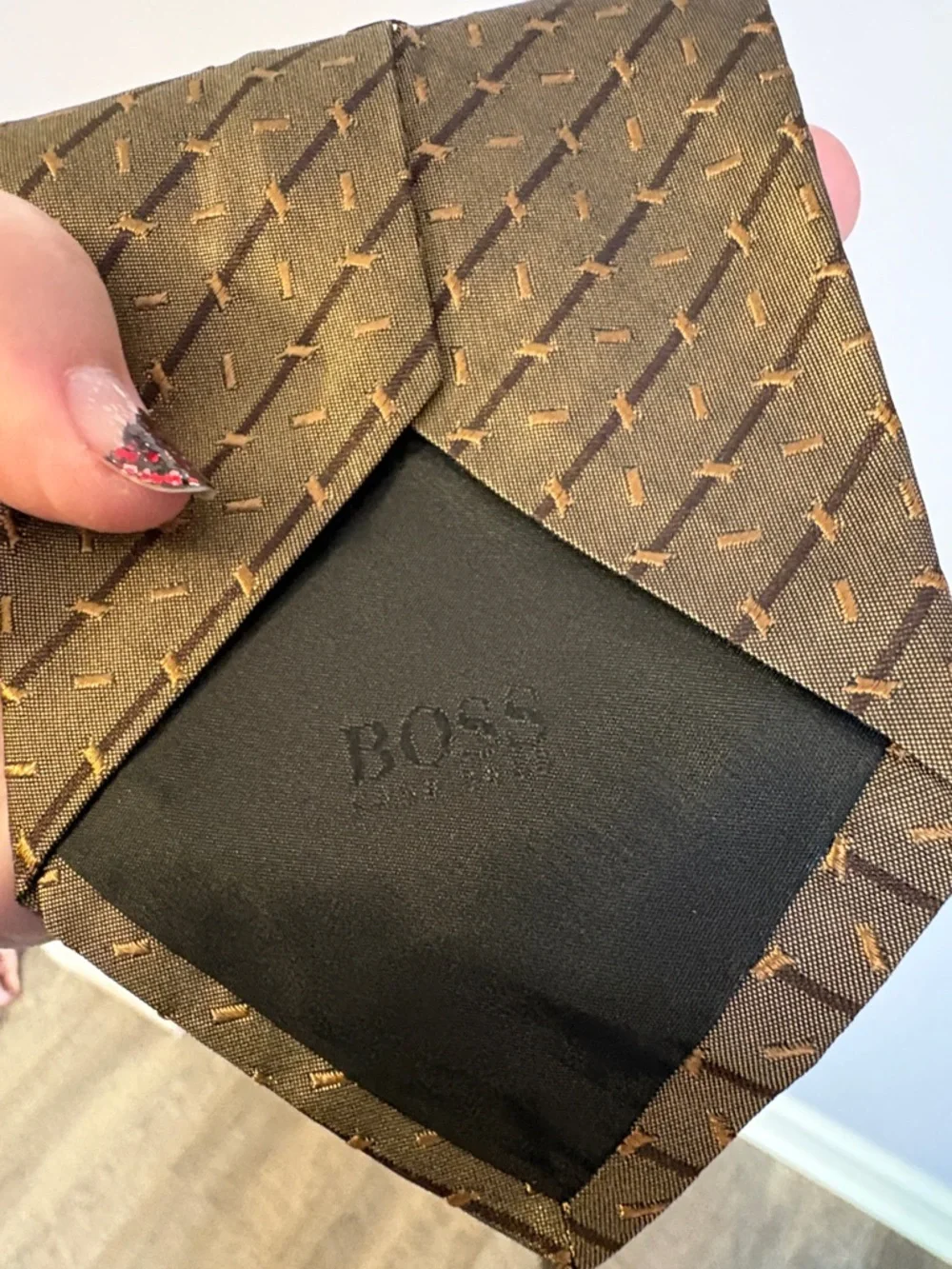 Boss Hugo Boss Satin Metallic Bronze Embroidered Geometric Silk Necktie Tie